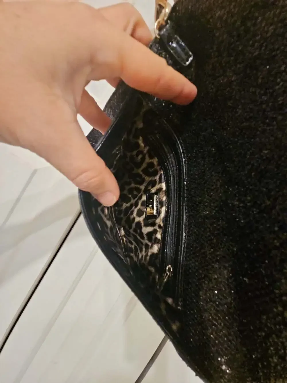 Guess Black Glitter Envelope Clutch Bag with Heart Charm